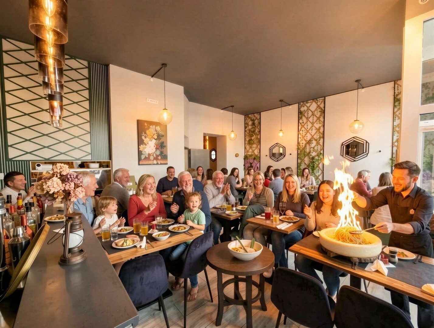 Keller flambiert Pasta im Parmesankäse-Laib