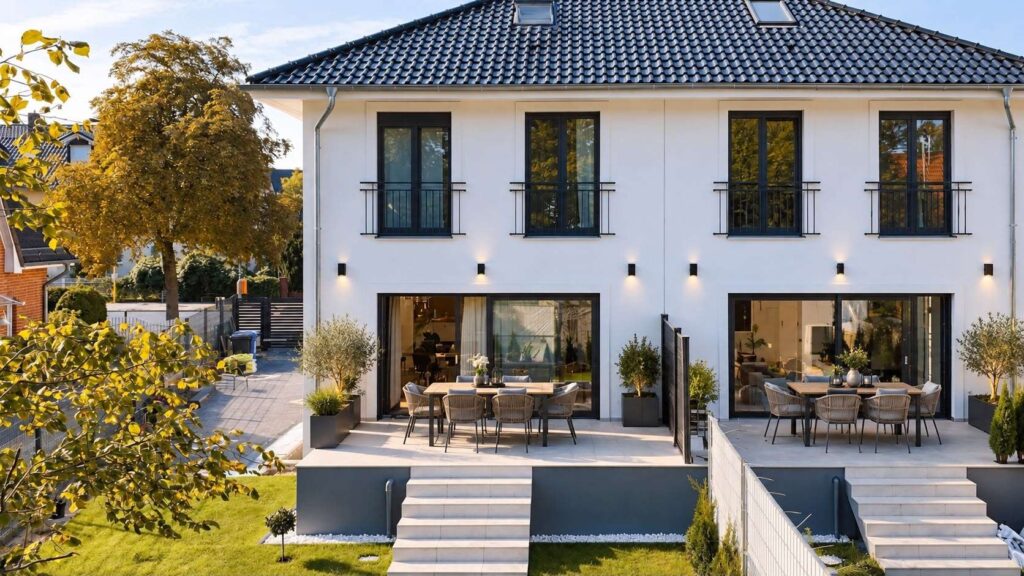 Hauptansicht Doppelhaus vom Garten