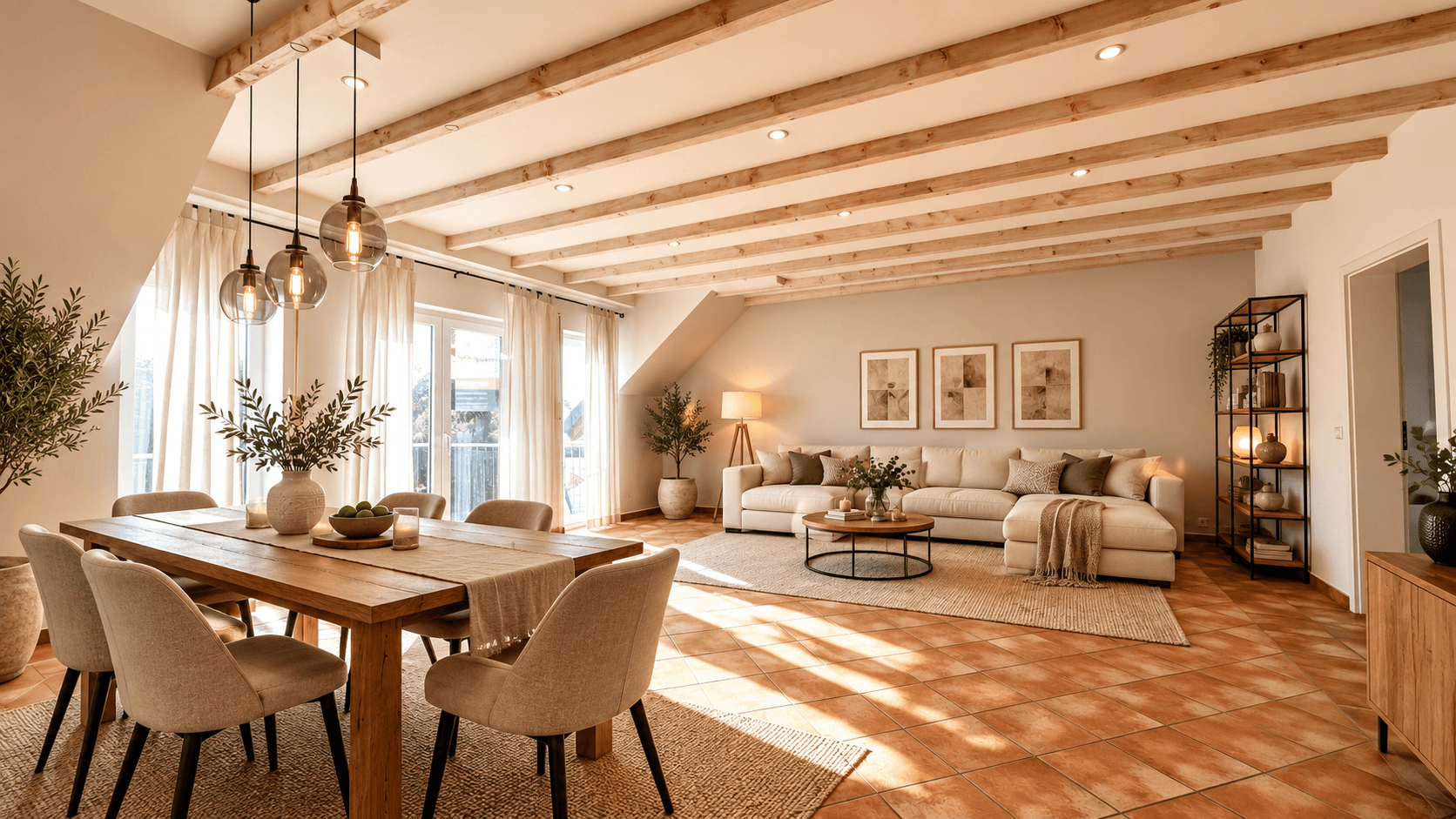 Wohnzimmer mit Esszimmer KI