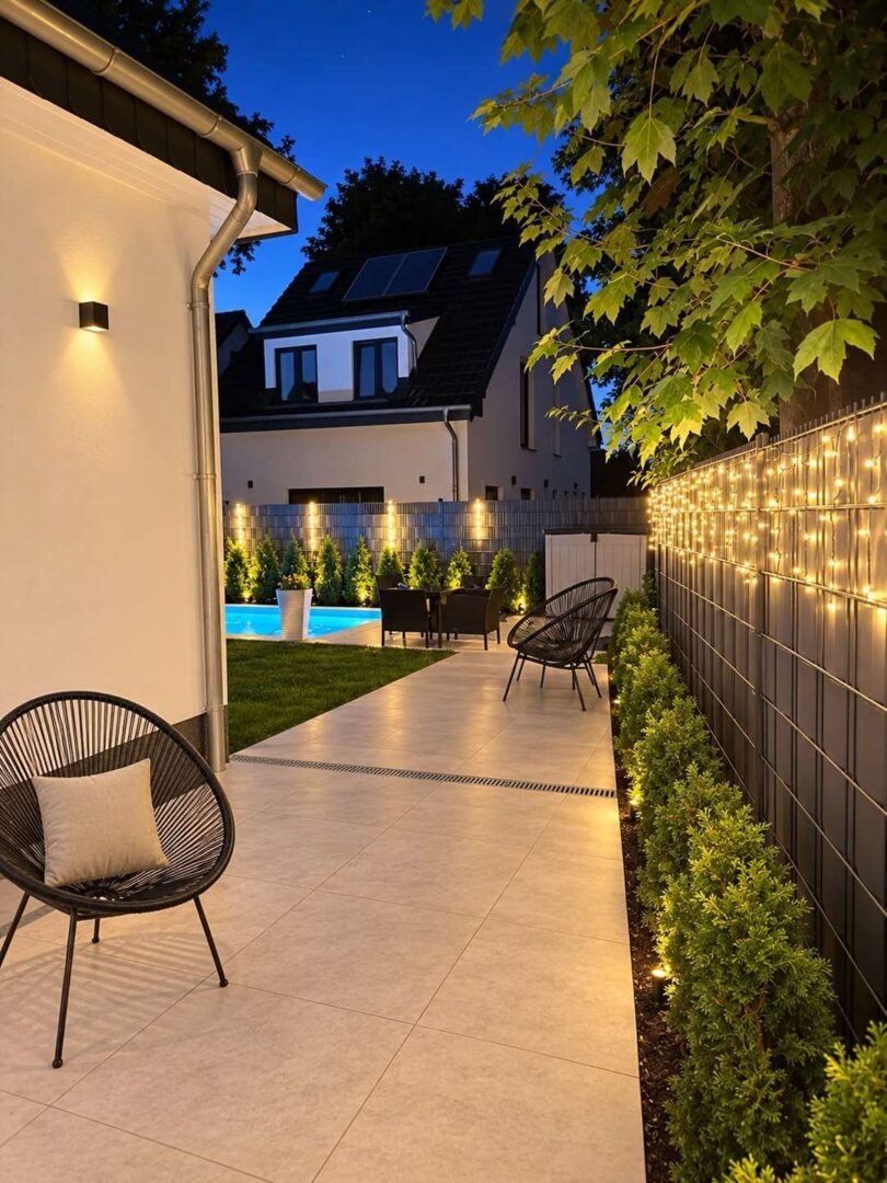 Pool und Garten bei Nacht