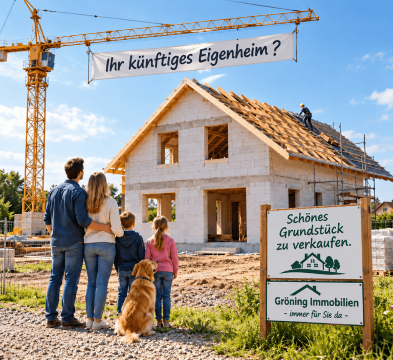 Familienblick auf das künftige Eigenheim